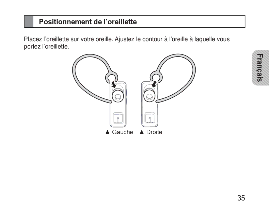 Samsung BHM3100EBECXEV, BHM3100EBECXEF, BHM3100EBECXET, BHM3100EBECXEH, BHM3100EBECHAT manual Positionnement de l’oreillette 