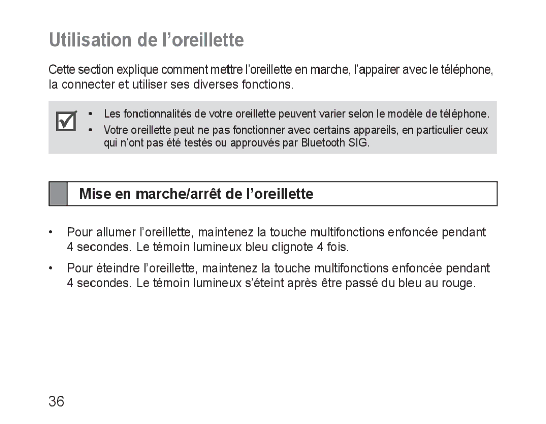 Samsung BHM3100EBECXEH, BHM3100EBECXEF, BHM3100EBECXET Utilisation de l’oreillette, Mise en marche/arrêt de l’oreillette 