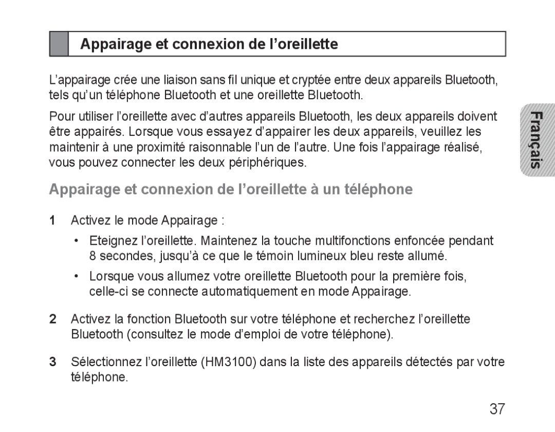 Samsung BHM3100EBECHAT, BHM3100EBECXEF, BHM3100EBECXET manual Appairage et connexion de l’oreillette à un téléphone 