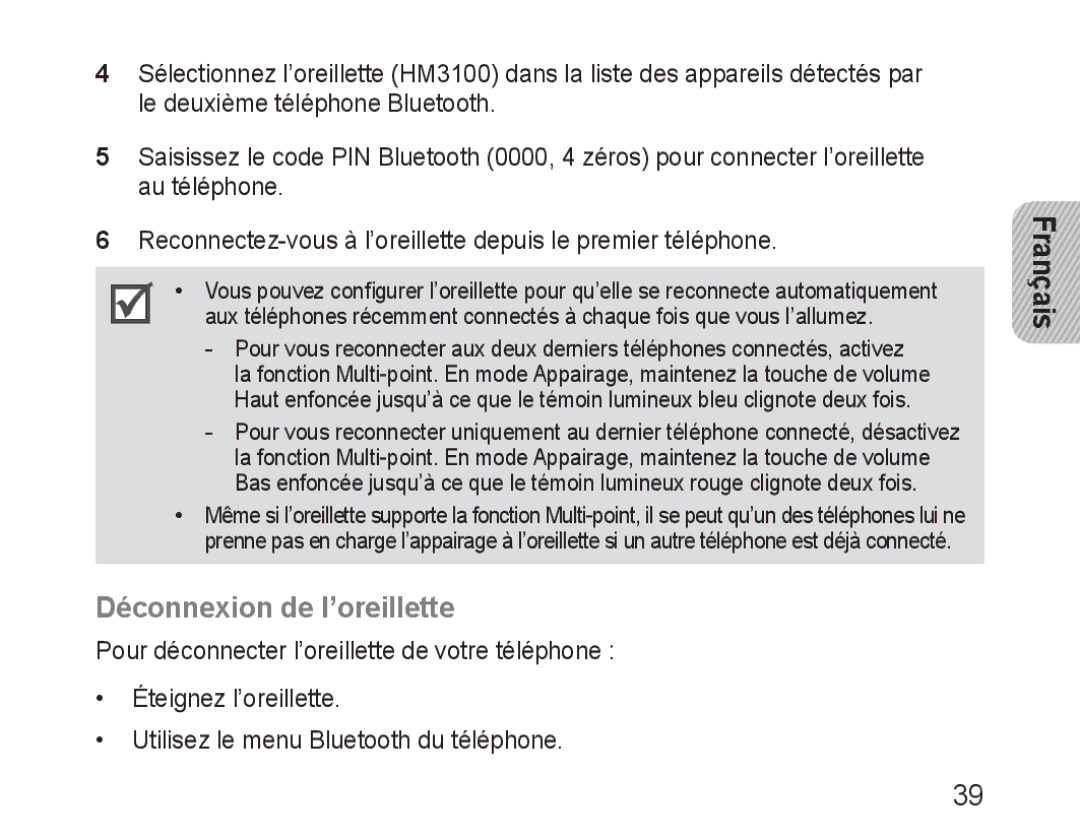 Samsung BHM3100EBECXET, BHM3100EBECXEF, BHM3100EBECXEV, BHM3100EBECXEH, BHM3100EBECHAT manual Déconnexion de l’oreillette 