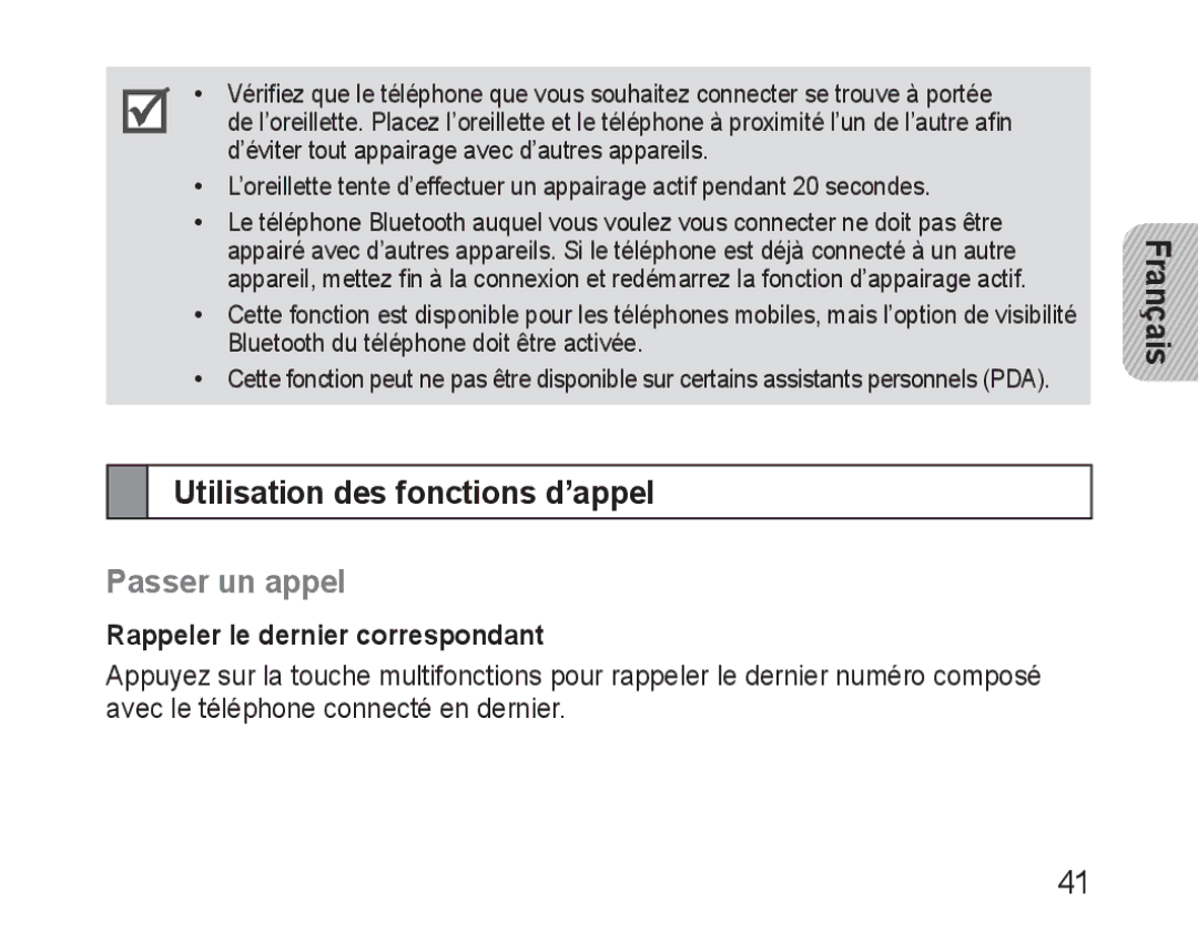 Samsung BHM3100EBECXEH manual Utilisation des fonctions d’appel, Passer un appel, Rappeler le dernier correspondant 