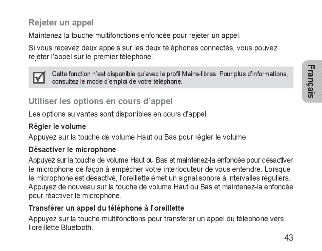 Samsung BHM3100EBECXEF Rejeter un appel, Utiliser les options en cours d’appel, Régler le volume, Désactiver le microphone 