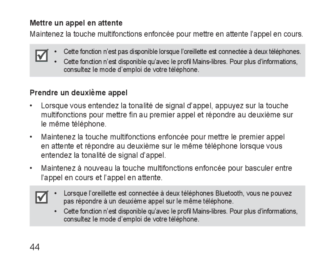 Samsung BHM3100EBECXET, BHM3100EBECXEF, BHM3100EBECXEV, BHM3100EBECXEH Mettre un appel en attente, Prendre un deuxième appel 