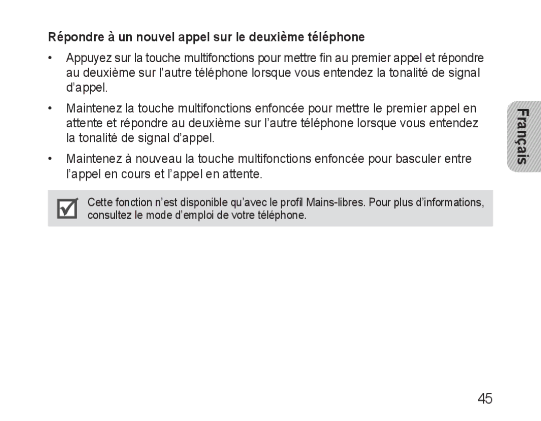 Samsung BHM3100EBECXEV, BHM3100EBECXEF, BHM3100EBECXET, BHM3100EBECXEH Répondre à un nouvel appel sur le deuxième téléphone 