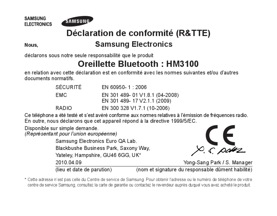 Samsung BHM3100EBECHAT, BHM3100EBECXEF, BHM3100EBECXET, BHM3100EBECXEV manual Oreillette Bluetooth HM3100, Samsung Electronics 