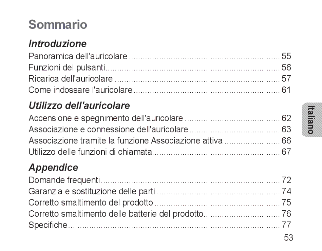 Samsung BHM3100EBECXEF, BHM3100EBECXET, BHM3100EBECXEV, BHM3100EBECXEH, BHM3100EBECHAT manual Sommario, Italiano 