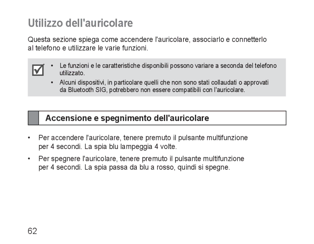 Samsung BHM3100EBECHAT, BHM3100EBECXEF, BHM3100EBECXET Utilizzo dellauricolare, Accensione e spegnimento dellauricolare 