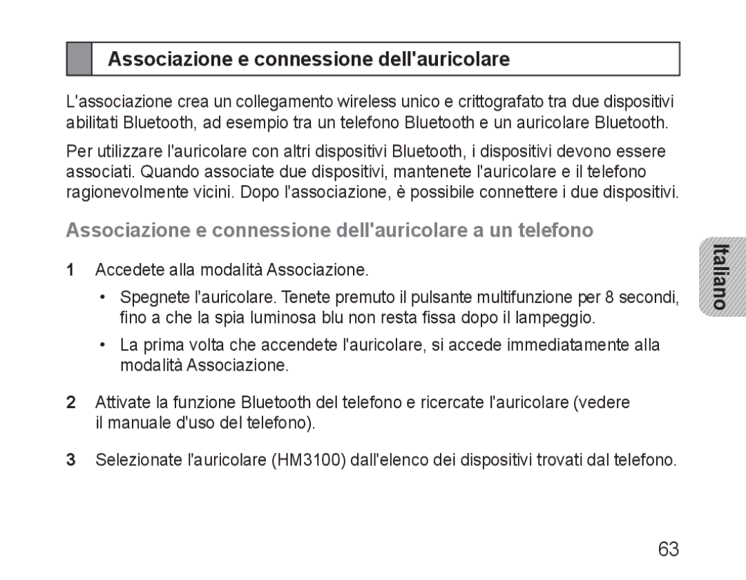 Samsung BHM3100EBECXEF, BHM3100EBECXET, BHM3100EBECXEV manual Associazione e connessione dellauricolare a un telefono 