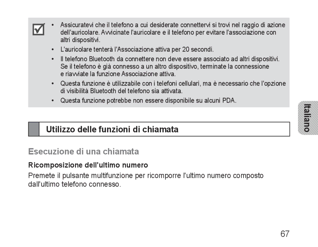 Samsung BHM3100EBECHAT Utilizzo delle funzioni di chiamata, Esecuzione di una chiamata, Ricomposizione dellultimo numero 