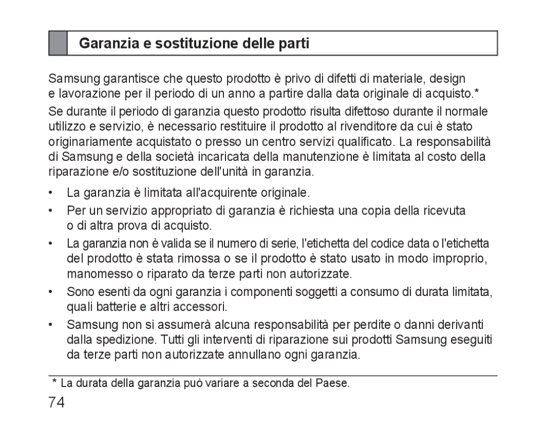 Samsung BHM3100EBECXET, BHM3100EBECXEF, BHM3100EBECXEV, BHM3100EBECXEH, BHM3100EBECHAT Garanzia e sostituzione delle parti 