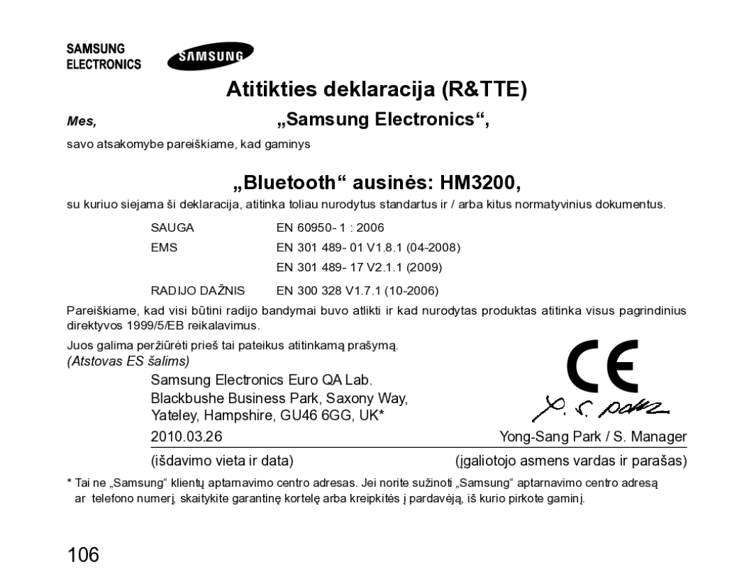 Samsung BHM3200EDECSER manual Atitikties deklaracija R&TTE, „Bluetooth ausinės HM3200 