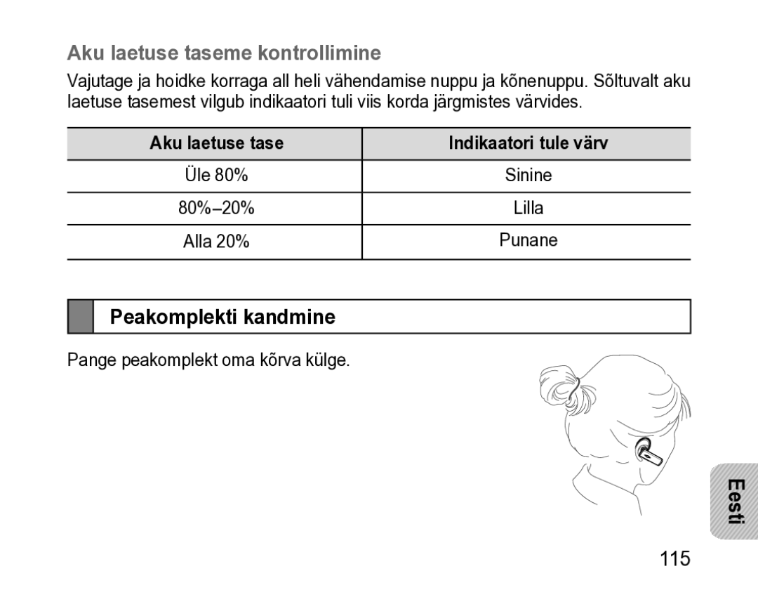 Samsung BHM3200EDECSER Aku laetuse taseme kontrollimine, Peakomplekti kandmine, Aku laetuse tase Indikaatori tule värv 