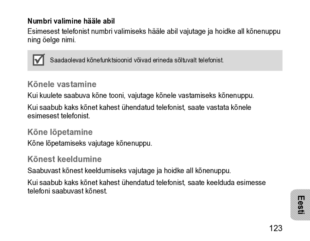 Samsung BHM3200EDECSER manual Kõnele vastamine, Kõne lõpetamine, Kõnest keeldumine, Numbri valimine hääle abil 