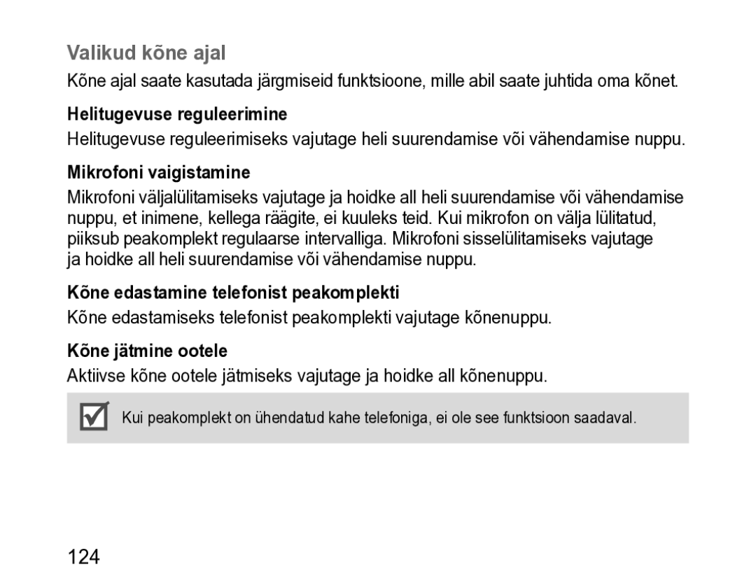 Samsung BHM3200EDECSER manual Valikud kõne ajal, Helitugevuse reguleerimine, Mikrofoni vaigistamine, Kõne jätmine ootele 