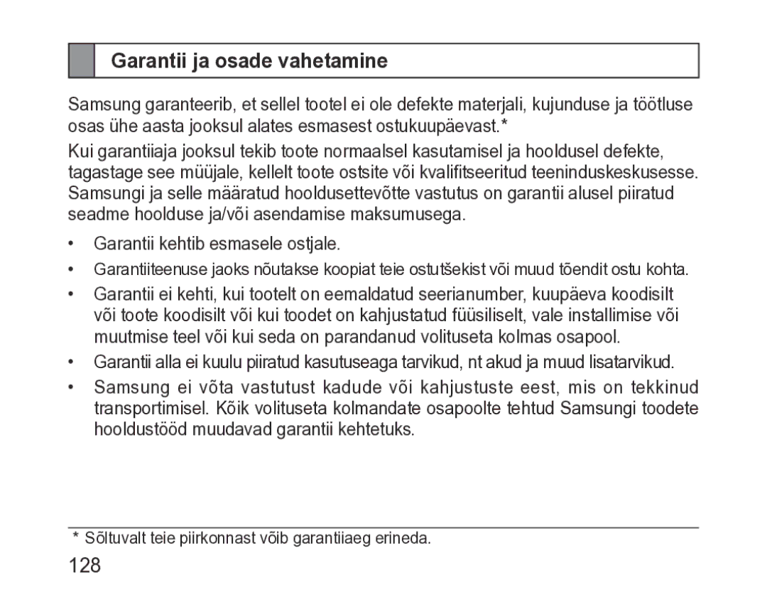 Samsung BHM3200EDECSER manual Garantii ja osade vahetamine 