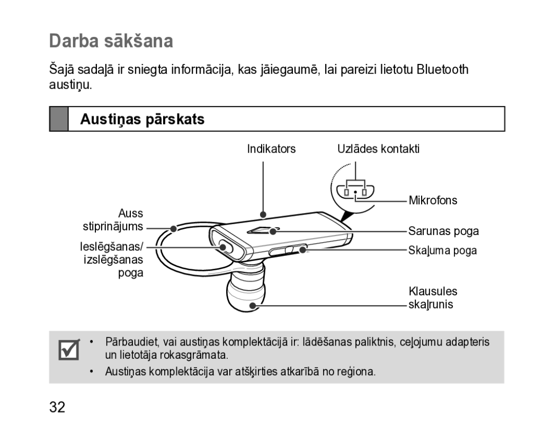 Samsung BHM3200EDECSER manual Darba sākšana, Austiņas pārskats 