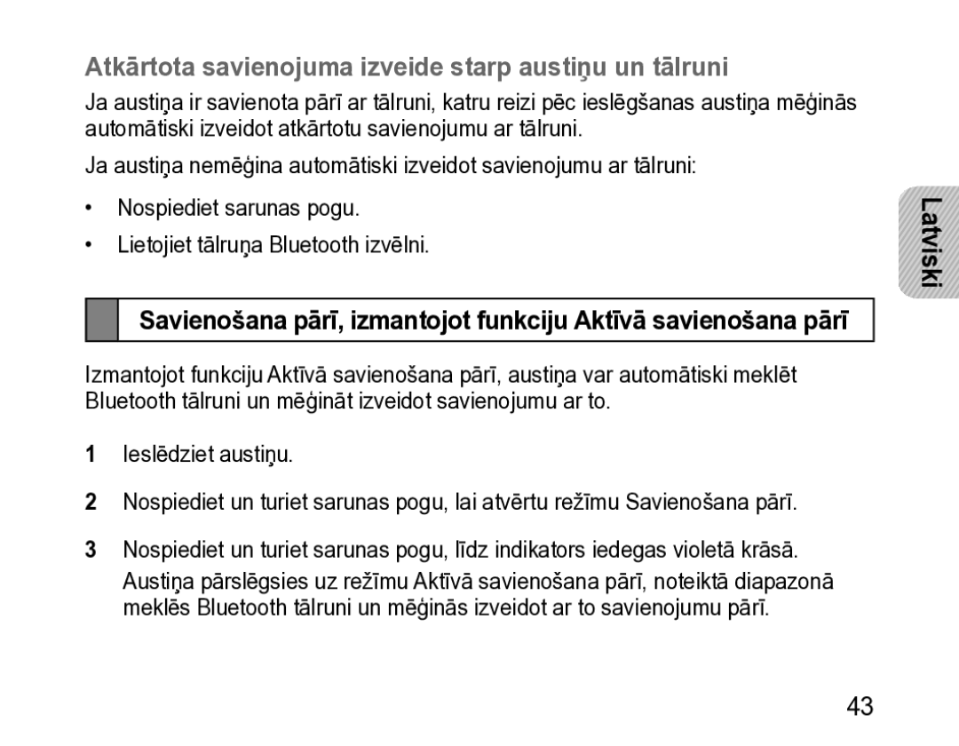 Samsung BHM3200EDECSER manual Atkārtota savienojuma izveide starp austiņu un tālruni 