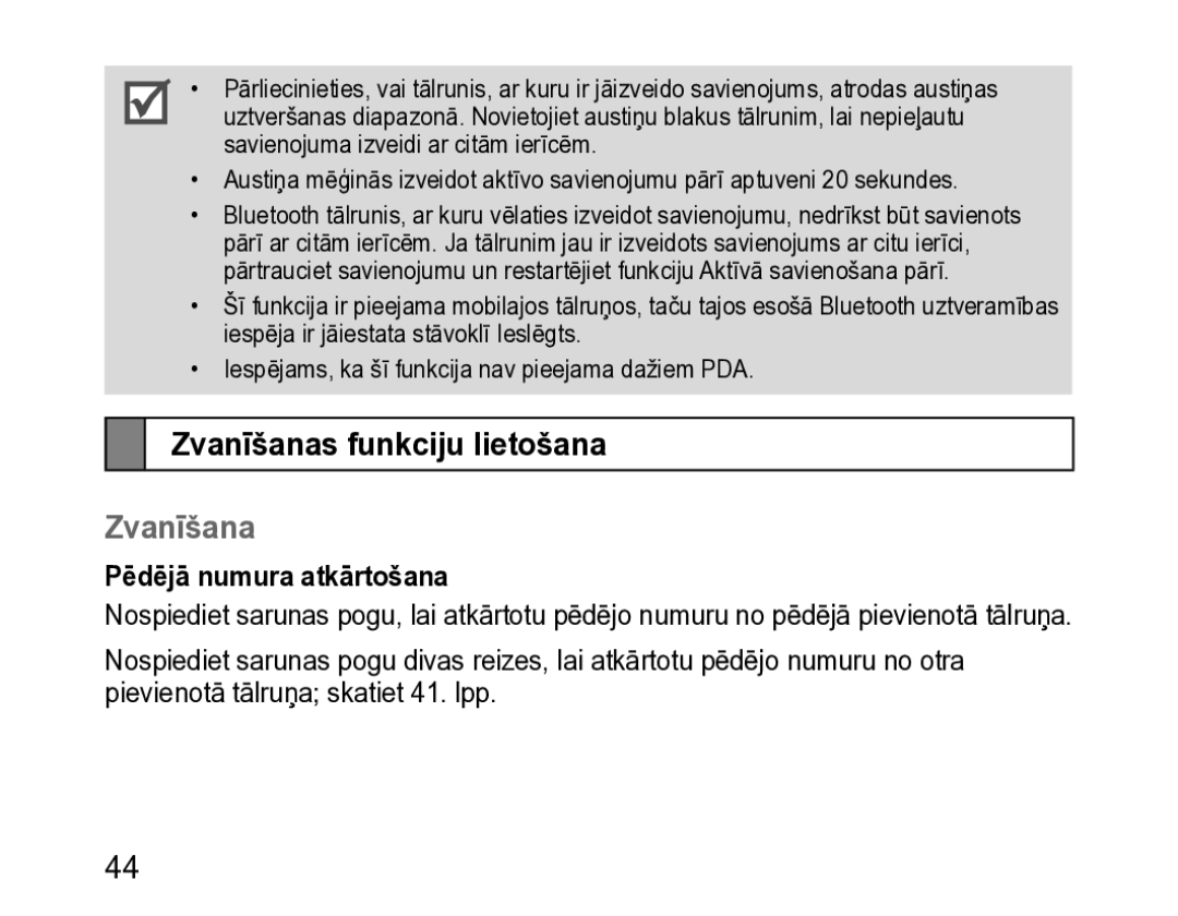 Samsung BHM3200EDECSER manual Zvanīšanas funkciju lietošana, Pēdējā numura atkārtošana 