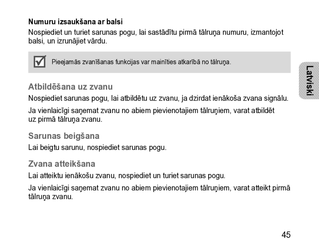 Samsung BHM3200EDECSER manual Atbildēšana uz zvanu, Sarunas beigšana, Zvana atteikšana, Numuru izsaukšana ar balsi 