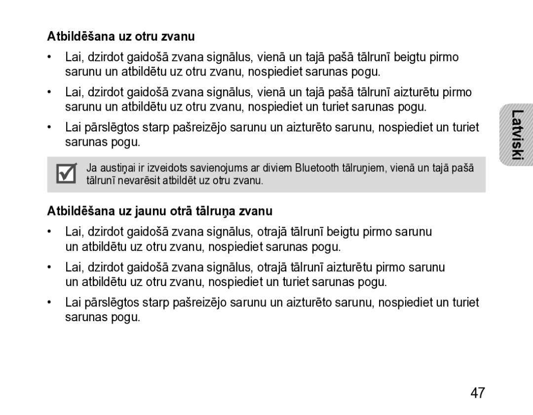 Samsung BHM3200EDECSER manual Atbildēšana uz otru zvanu, Atbildēšana uz jaunu otrā tālruņa zvanu 