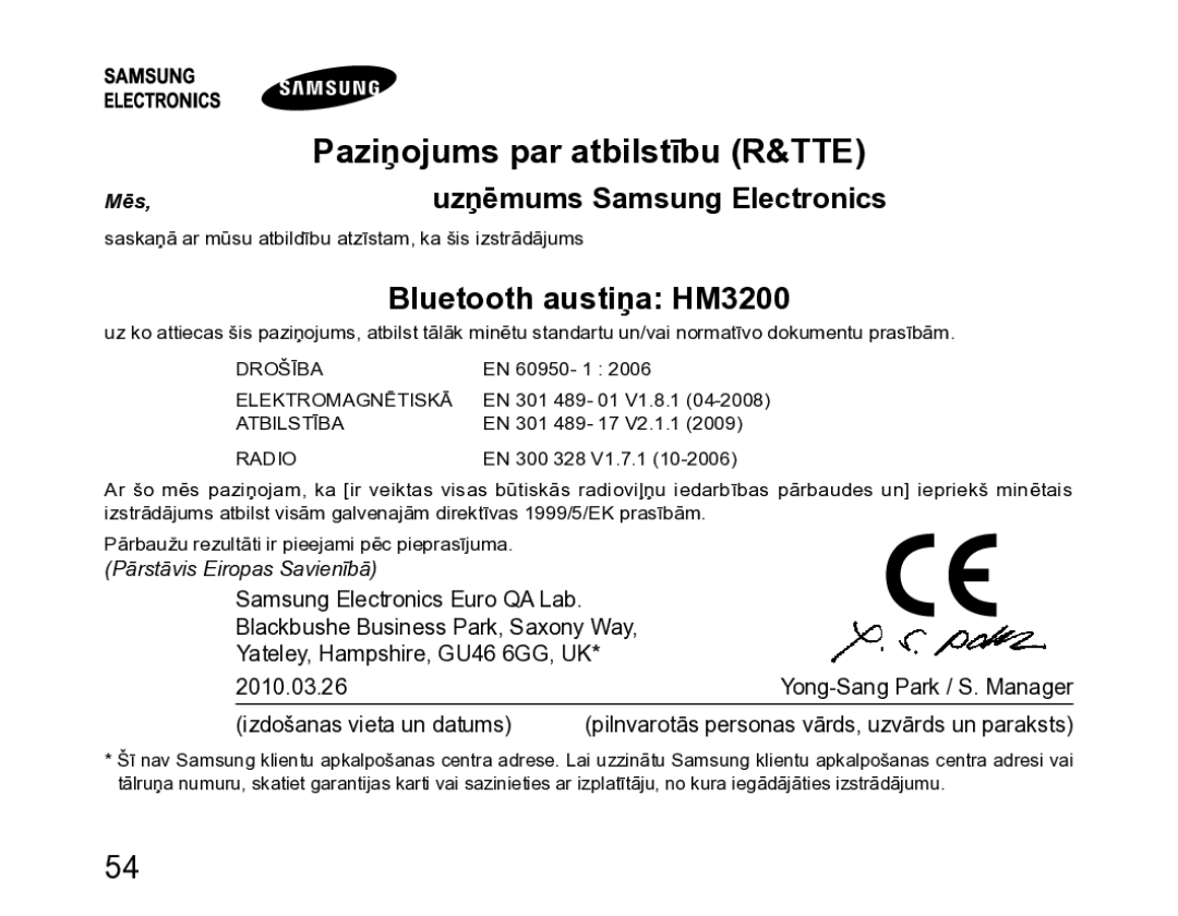 Samsung BHM3200EDECSER manual Paziņojums par atbilstību R&TTE, Bluetooth austiņa HM3200 