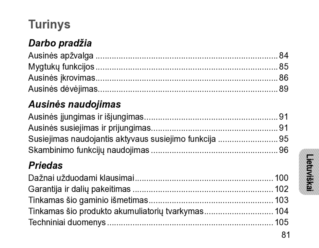 Samsung BHM3200EDECSER manual Turinys, Lietuviškai 