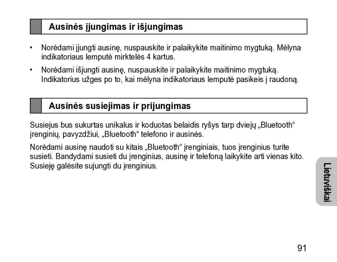 Samsung BHM3200EDECSER manual Ausinės įjungimas ir išjungimas, Ausinės susiejimas ir prijungimas 