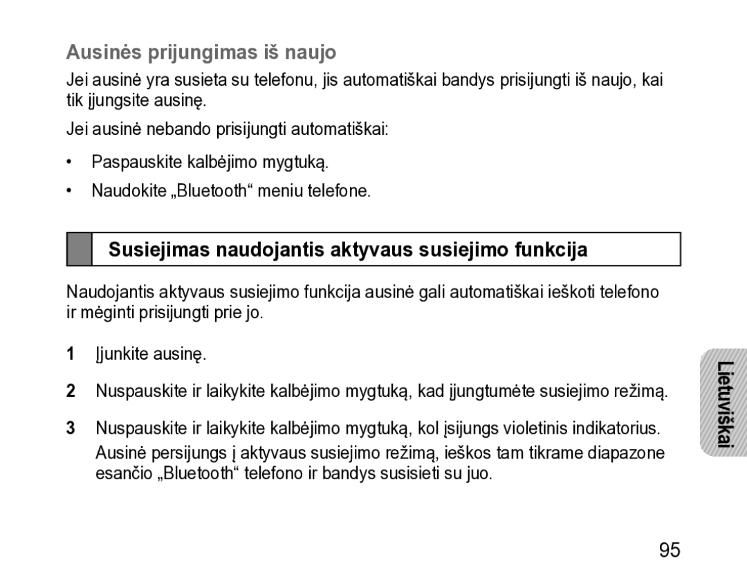 Samsung BHM3200EDECSER manual Ausinės prijungimas iš naujo, Susiejimas naudojantis aktyvaus susiejimo funkcija 