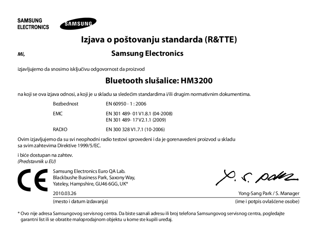 Samsung BHM3200EDECEUR, BHM3200EDECXEF, BHM3200EDECFOP manual Bluetooth slušalice HM3200, Izjava o poštovanju standarda R&TTE 