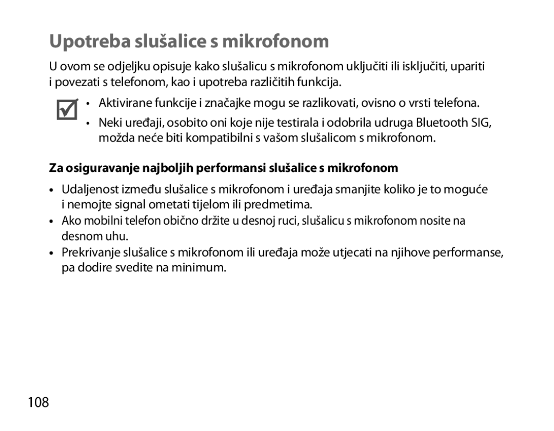 Samsung BHM3200EDECXEH manual Upotreba slušalice s mikrofonom, Za osiguravanje najboljih performansi slušalice s mikrofonom 