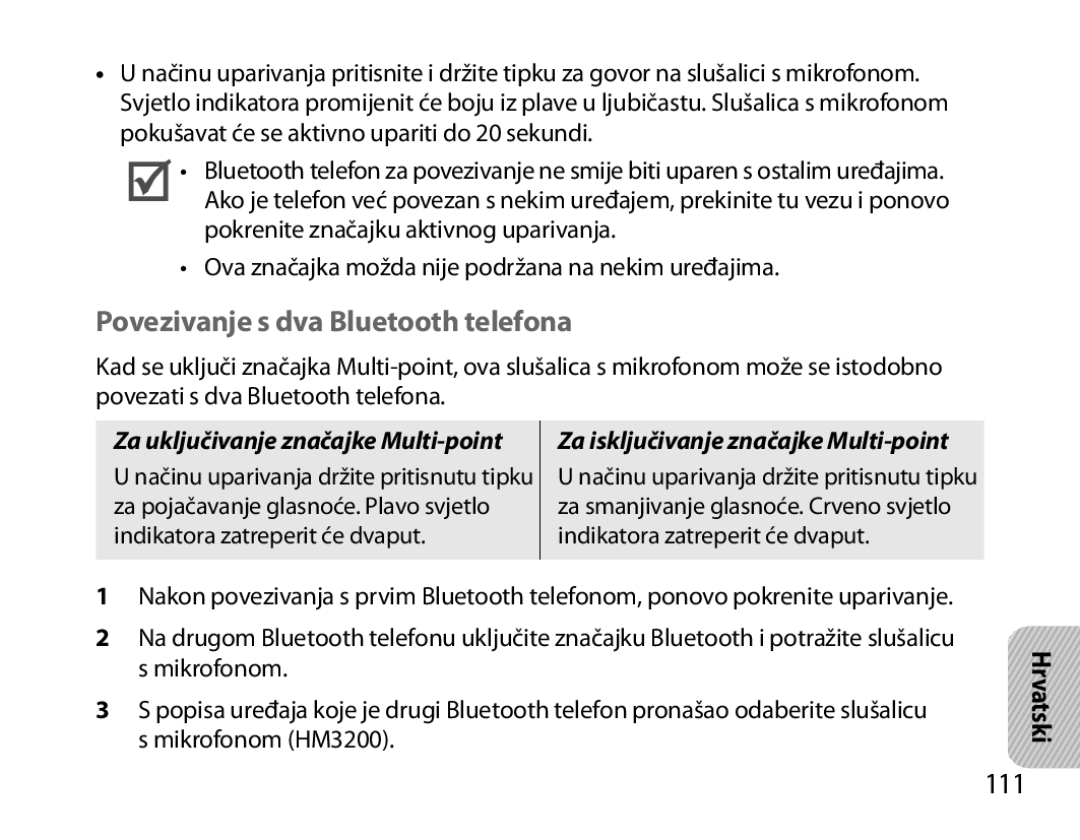 Samsung BHM3200EDECSER, BHM3200EDECXEF manual Povezivanje s dva Bluetooth telefona, Indikatora zatreperit će dvaput 