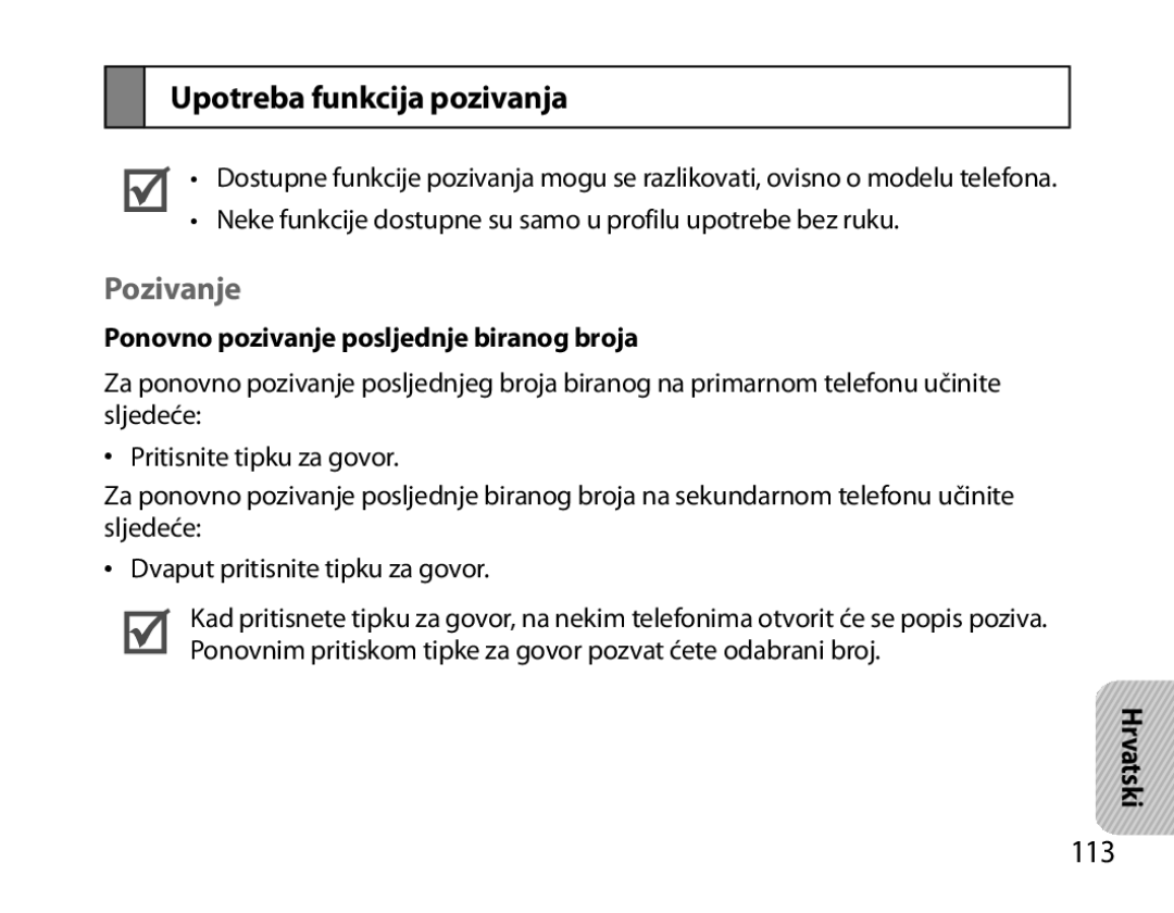 Samsung BHM3200EDECFOP, BHM3200EDECXEF manual Upotreba funkcija pozivanja, Ponovno pozivanje posljednje biranog broja 