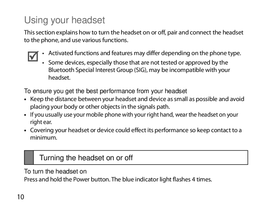 Samsung BHM3200EDECXEF, BHM3200EDECFOP manual Using your headset, Turning the headset on or off, To turn the headset on 