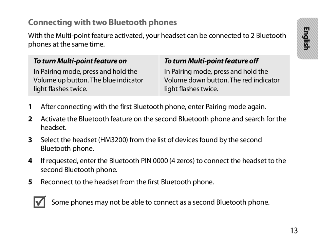 Samsung BHM3200EDECXEE, BHM3200EDECXEF manual Connecting with two Bluetooth phones, To turn Multi-point feature off 