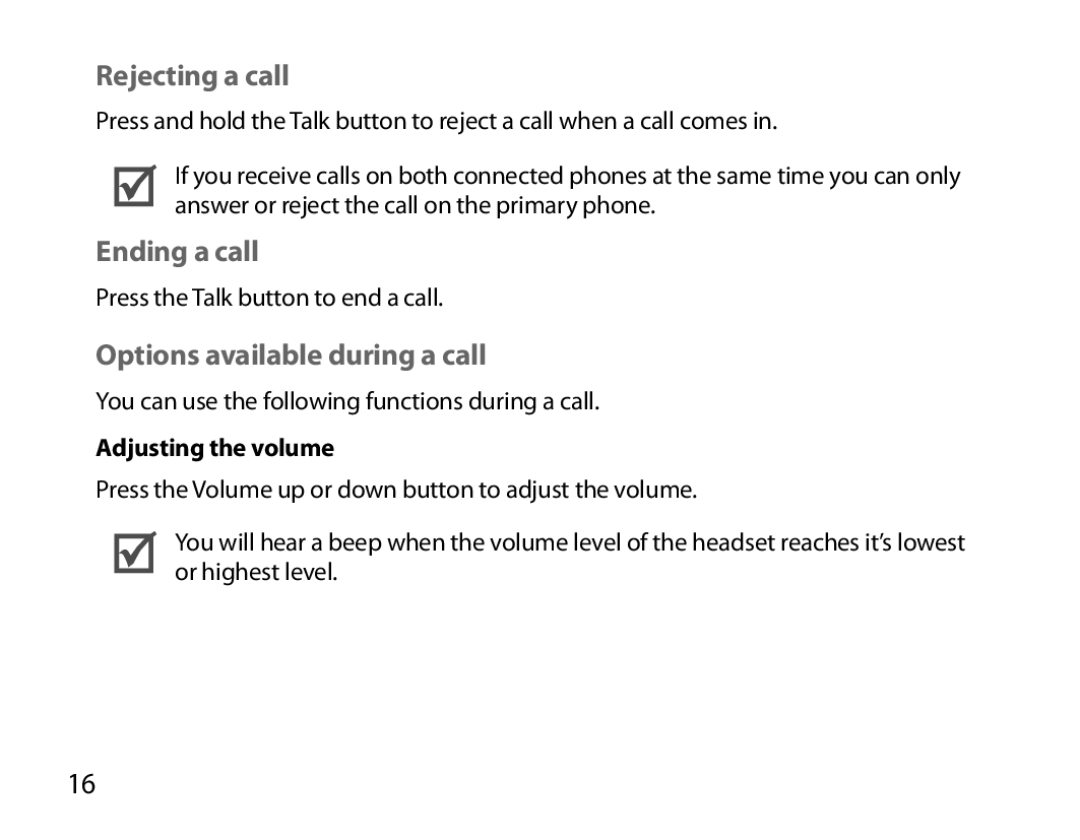 Samsung BHM3200EDECXEF manual Rejecting a call, Ending a call, Options available during a call, Adjusting the volume 