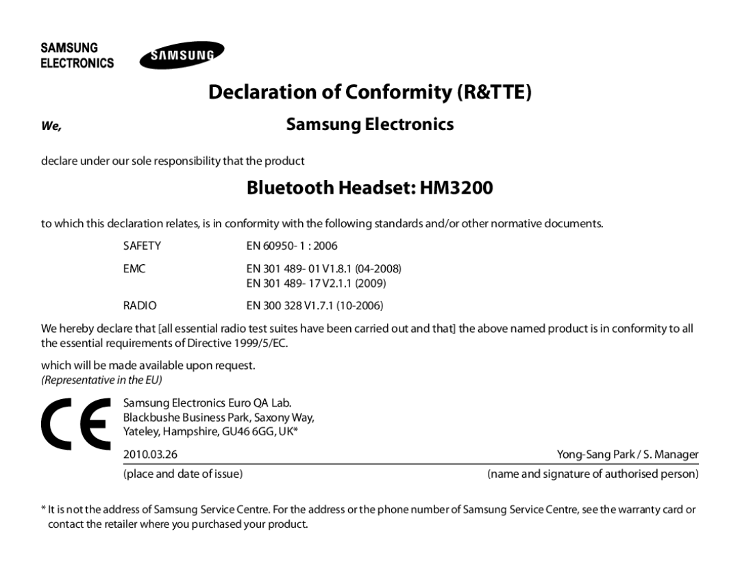 Samsung BHM3200EDECXEH, BHM3200EDECXEF manual Bluetooth Headset HM3200, Declaration of Conformity R&TTE, Samsung Electronics 