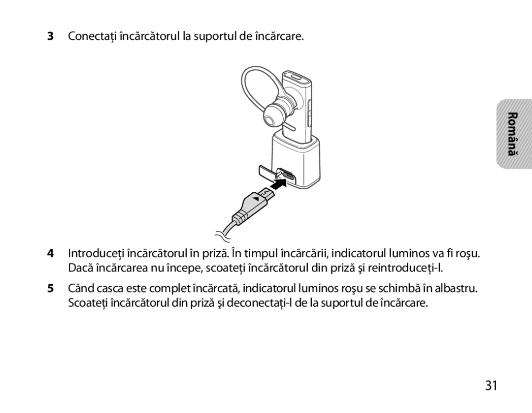 Samsung BHM3200EDECXEE, BHM3200EDECXEF, BHM3200EDECFOP, BHM3200EDECXEH manual Conectaţi încărcătorul la suportul de încărcare 