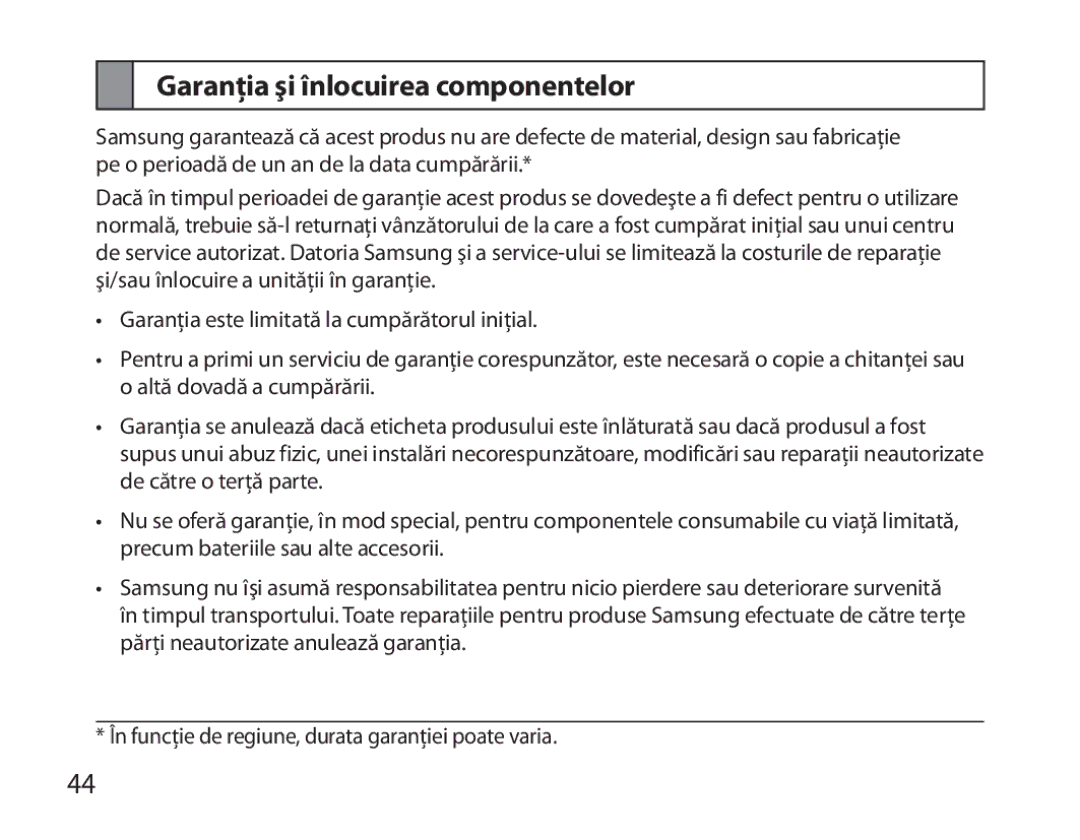 Samsung BHM3200EDECEUR, BHM3200EDECXEF, BHM3200EDECFOP, BHM3200EDECXEH, BHM3200EDECXEE Garanţia şi înlocuirea componentelor 