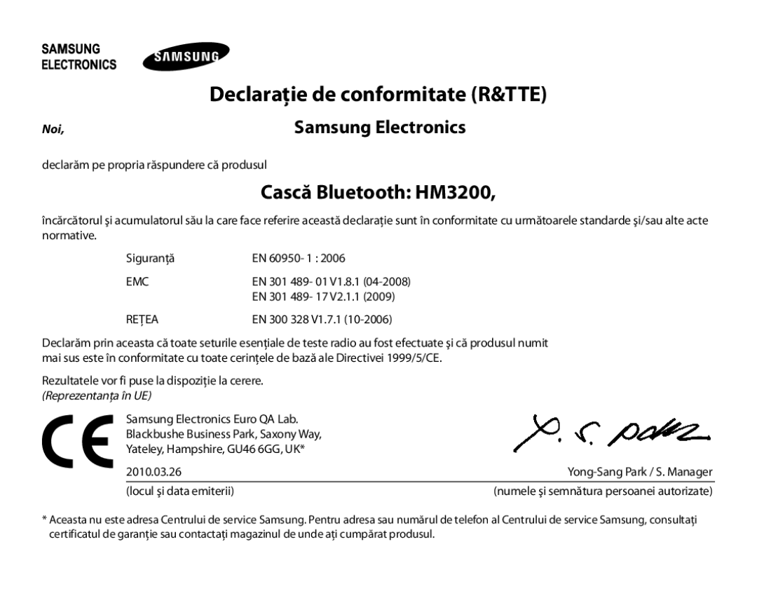 Samsung BHM3200EDECXEH, BHM3200EDECXEF, BHM3200EDECFOP manual Cască Bluetooth HM3200, Declaraţie de conformitate R&TTE 