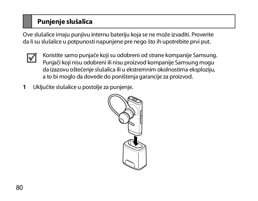 Samsung BHM3200EDECEUR, BHM3200EDECXEF, BHM3200EDECFOP, BHM3200EDECXEH, BHM3200EDECXEE, BHM3200EDECSER manual Punjenje slušalica 