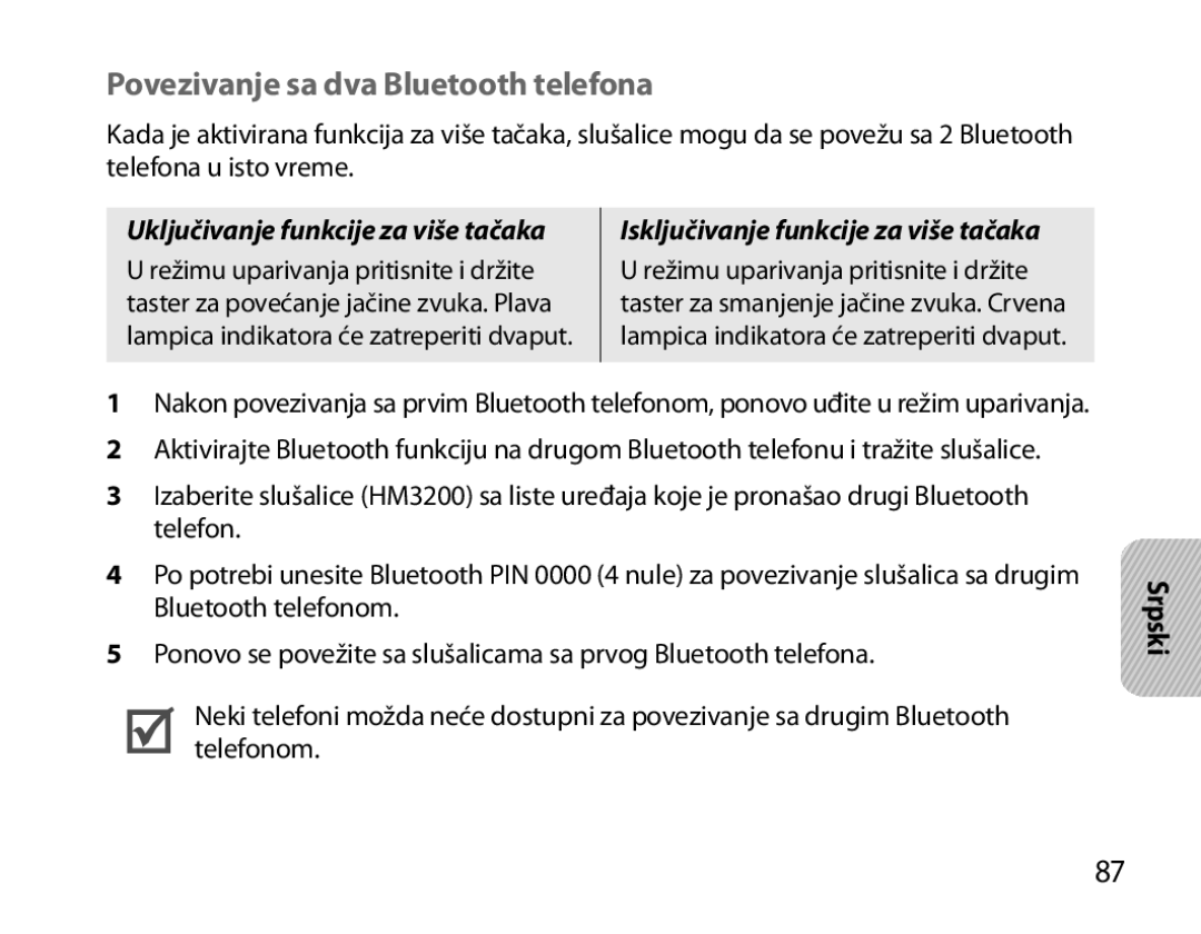 Samsung BHM3200EDECSER, BHM3200EDECXEF, BHM3200EDECFOP, BHM3200EDECXEH, BHM3200EDECXEE Povezivanje sa dva Bluetooth telefona 