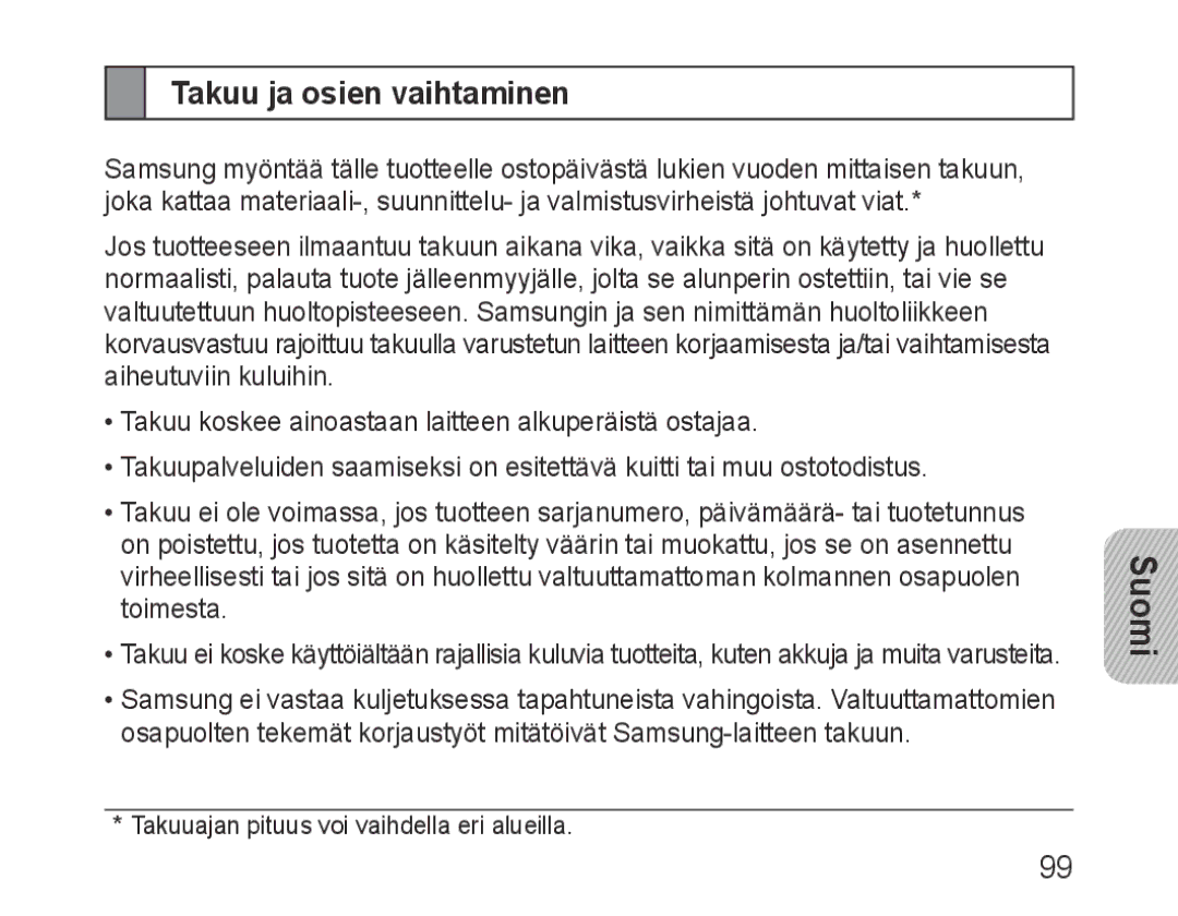 Samsung BHM3200EDECSER, BHM3200EDECXEF, BHM3200EDECFOP, BHM3200EDECXEH, BHM3200EDECXEE manual Takuu ja osien vaihtaminen 