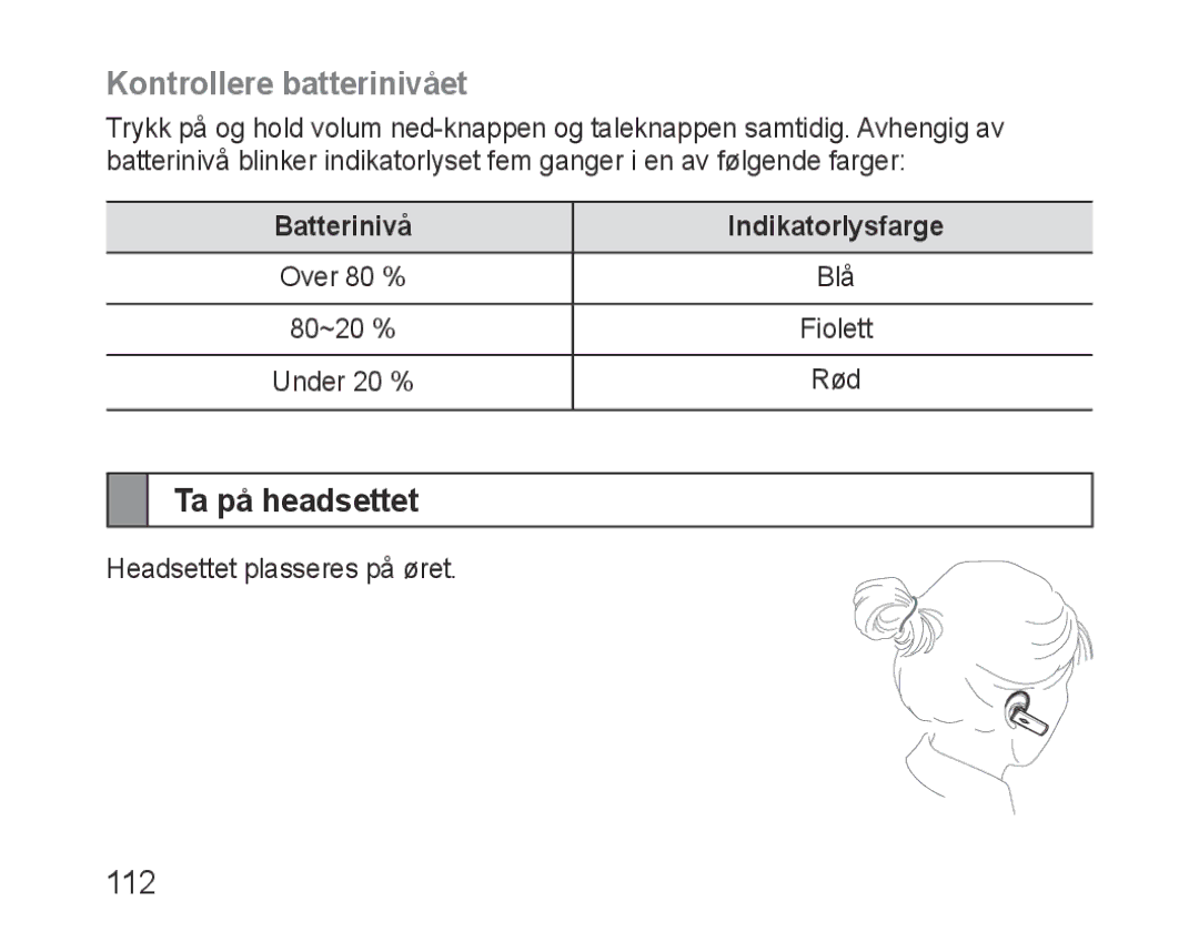 Samsung BHM3200EDECXEF, BHM3200EDECFOP manual Kontrollere batterinivået, Ta på headsettet, Batterinivå Indikatorlysfarge 