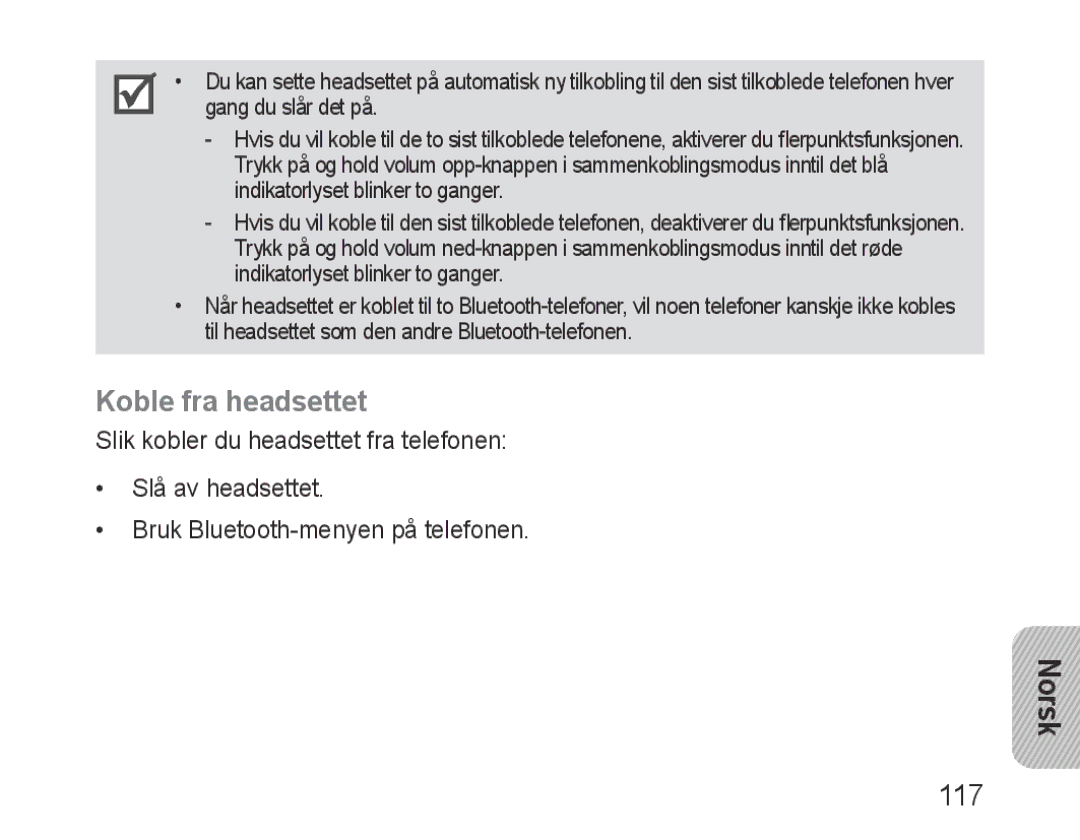 Samsung BHM3200EDECSER, BHM3200EDECXEF, BHM3200EDECFOP, BHM3200EDECXEH, BHM3200EDECXEE manual Koble fra headsettet, Norsk 