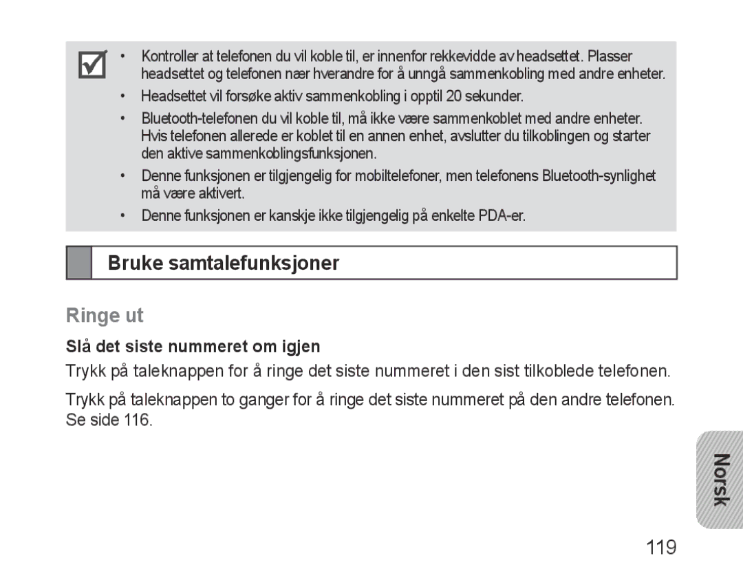 Samsung BHM3200EDECFOP, BHM3200EDECXEF, BHM3200EDECXEH Bruke samtalefunksjoner, Ringe ut, Slå det siste nummeret om igjen 