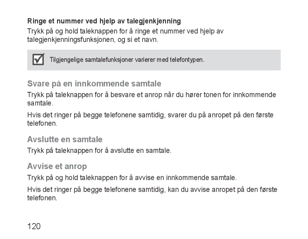 Samsung BHM3200EDECXEH, BHM3200EDECXEF manual Svare på en innkommende samtale, Avslutte en samtale, Avvise et anrop 