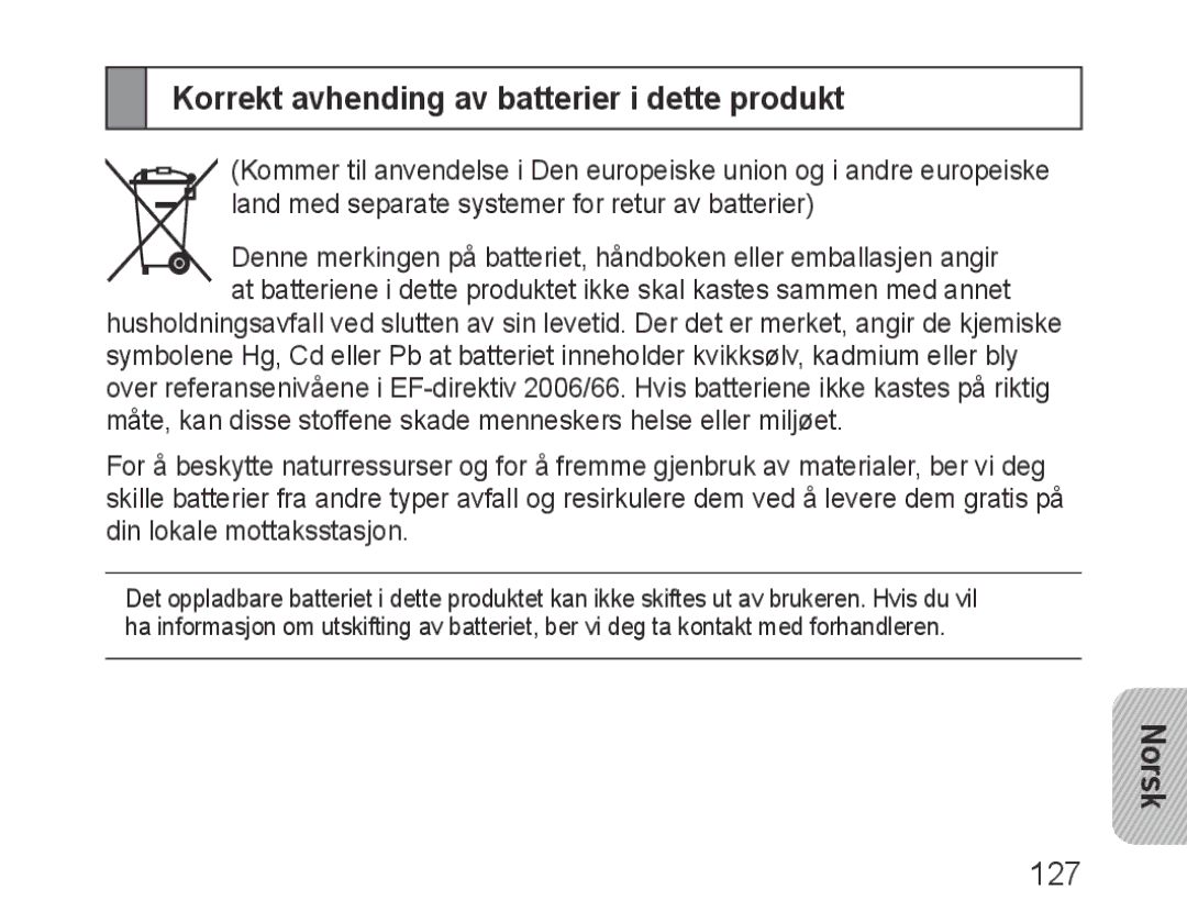 Samsung BHM3200EDECXEE, BHM3200EDECXEF, BHM3200EDECFOP, BHM3200EDECXEH Korrekt avhending av batterier i dette produkt, Norsk 