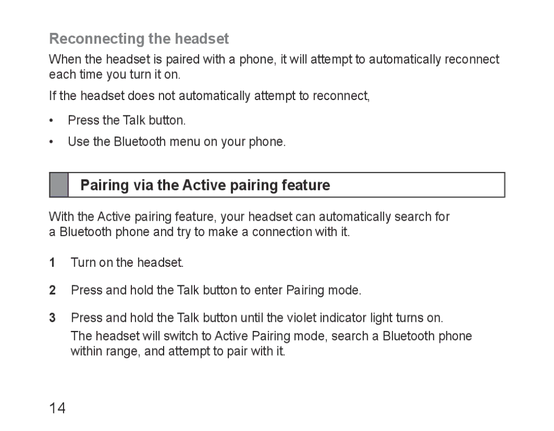 Samsung BHM3200EDECEUR, BHM3200EDECXEF, BHM3200EDECFOP Reconnecting the headset, Pairing via the Active pairing feature 