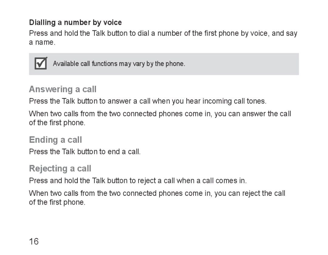 Samsung BHM3200EDECXEF, BHM3200EDECFOP manual Answering a call, Ending a call, Rejecting a call, Dialling a number by voice 