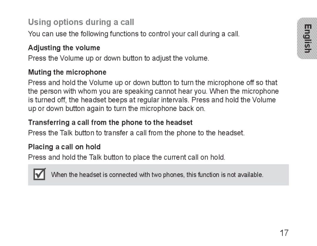 Samsung BHM3200EDECFOP Using options during a call, Adjusting the volume, Muting the microphone, Placing a call on hold 